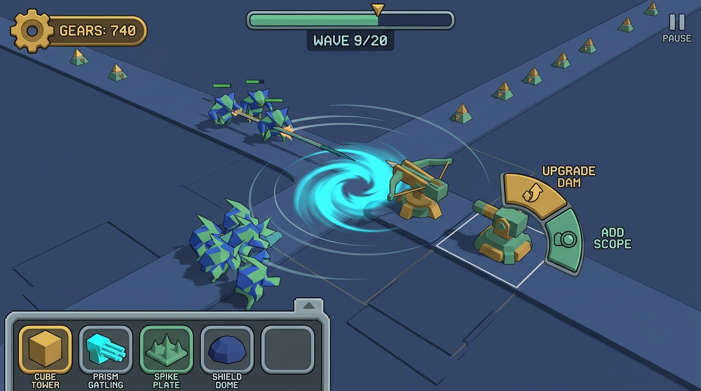 Two forked lane paths with a ballista firing a bolt through three swerving raide