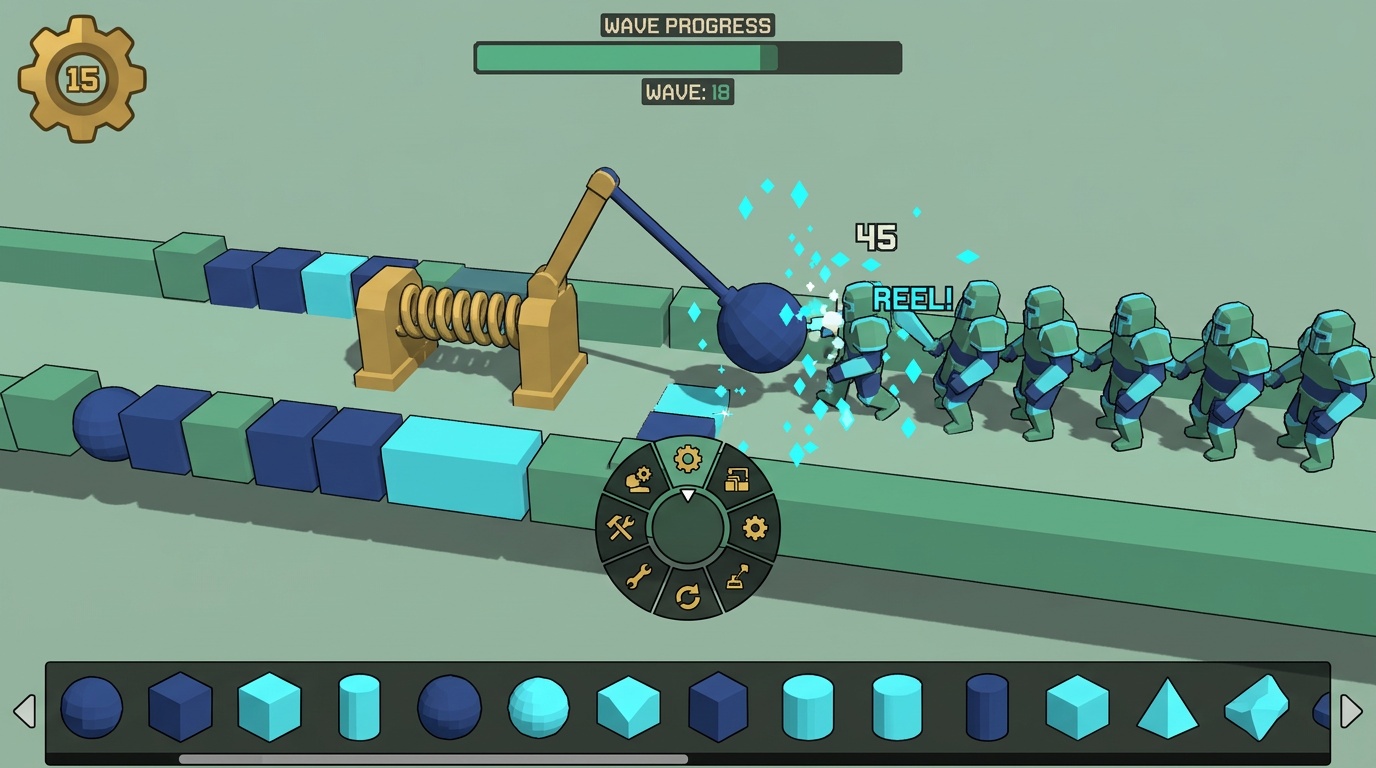 A defense lane mid-wave with a spring flinging a pendulum hammer into a line of 