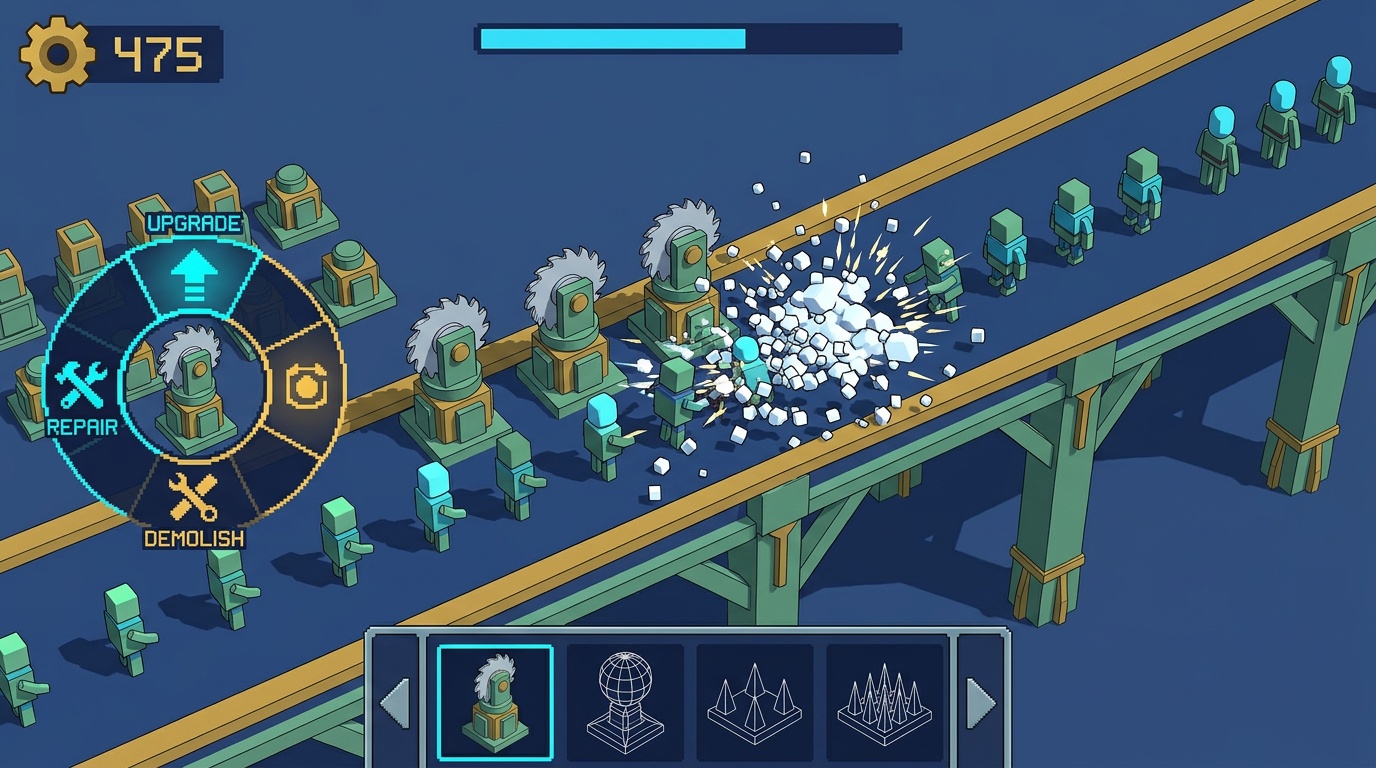 A frozen sky-bridge biome lane at dusk, three spinning saw-blade towers slicing 