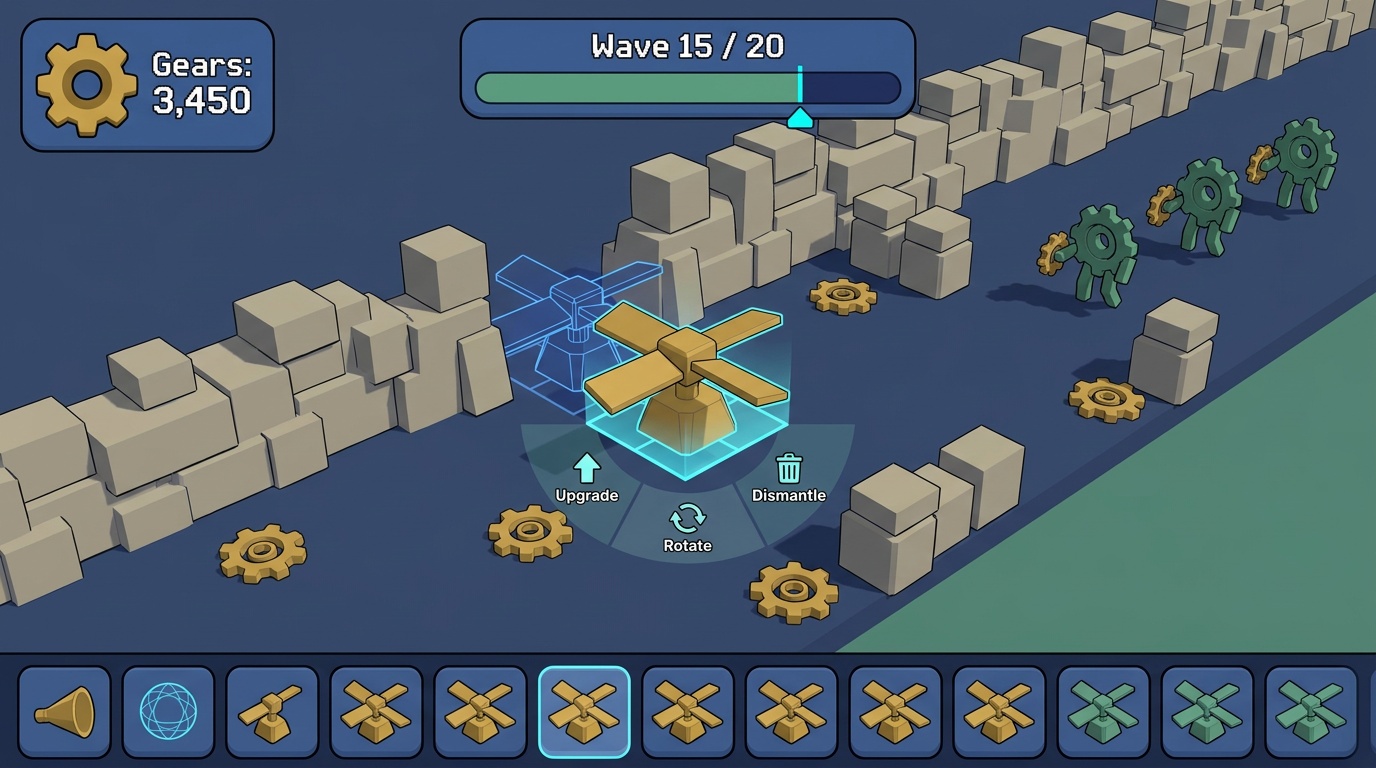 Player placing a fan-blade turret from the parts dock into a gap in a stone barr