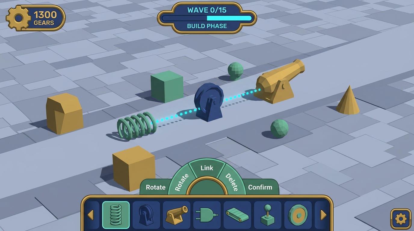 A build-phase overview between waves, the full lane empty of enemies while the p